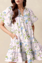 Printed Tie Neck Short Sleeve Mini Dress OutfitFlow